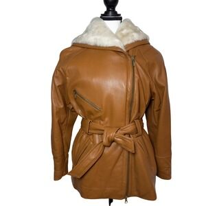 VTG Y2K Maxima Women Orange Brown Leather Trench Jacket XS Fur Lined Hood Belted